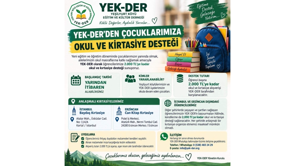  YEK-DER’DEN ÇOCUKLARIMIZA OKUL VE KIRTASİYE DESTEĞİ